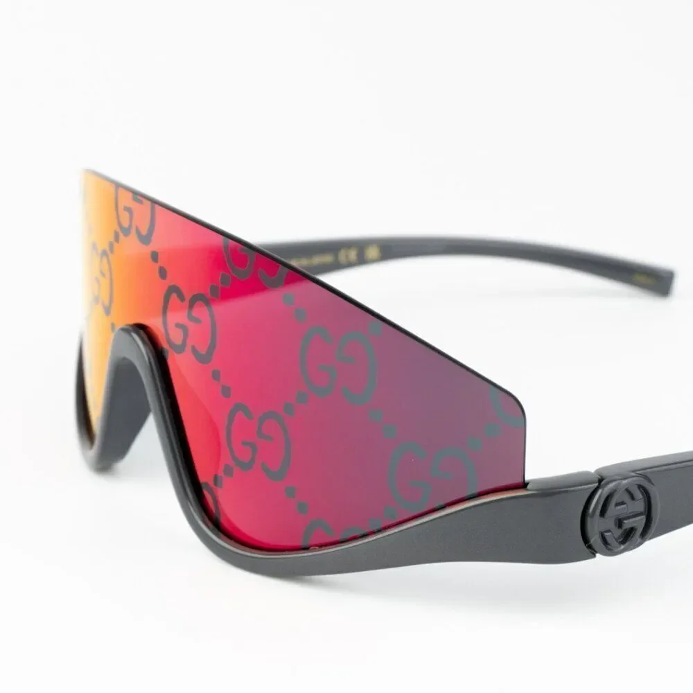 NEW Gucci GG1650S 009 Grey Red Mirror Logo Unisex Shield Mask Sunglasses